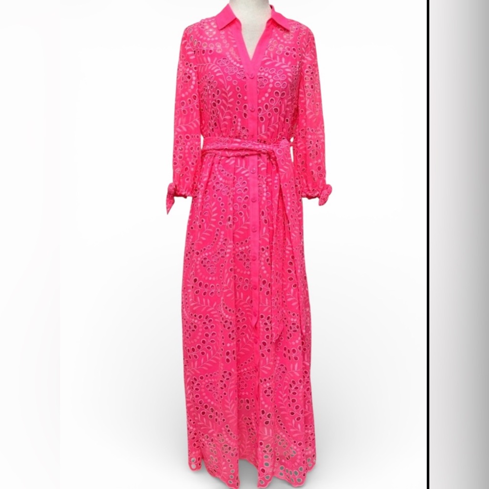 Lilly Pulitzer Amrita Midi Dress – Swirly Fern Scallop Eyelet – Pink – Size 14